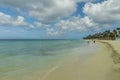 White sand beach and turquoise waves on green palm trees and blue sky background. Eagle Beach of Aruba Island. Royalty Free Stock Photo