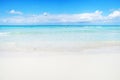 White sand beach and turquoise waves. Turquoise sea water and blue sky. Eagle Beach of Aruba Island. Beautiful Royalty Free Stock Photo