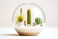 white sand dune with miniature cacti in a spherical terrarium Royalty Free Stock Photo