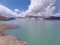 White Sand Lake with its sand dunes & teal colored waters by the Karakoram Highway, Pamir plateau, Xinjiang Autonomous Region