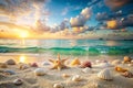 The white sand of a relaxing summer beach is dotted with shells against a clean teal sky Royalty Free Stock Photo
