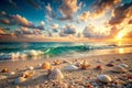 The white sand of a relaxing summer beach is dotted with shells against a clean teal sky Royalty Free Stock Photo