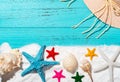 White sand and sea shells and starfishes and cap as summer holidays concept