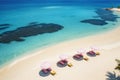 White sand sun beds chairs and umbrella travel tourism, Aerial tropical beach Royalty Free Stock Photo