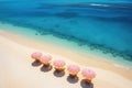 White sand sun beds chairs and umbrella travel tourism, Aerial tropical beach Royalty Free Stock Photo