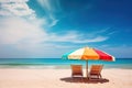 White Sandy Beach with Beach Chairs and a Colorful Umbrella, Generative AI Royalty Free Stock Photo