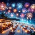 A white sandy beach, new year's party, concept of celebration, colorful fireworks, sea view, starry night, cottages Royalty Free Stock Photo