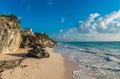 White sandy beach and ruins of Tulum, Yucatan, Mexico Royalty Free Stock Photo