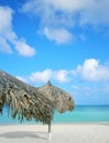 White sandy beach with sunshades made of palm trees