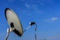 White satellite antenna with blue sky and white clouds background