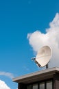 A white satellite dish on a roof