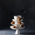 White saucer pyramid with cup of tea with spoon on top decorated with chocolate truffles on empty background. Creative concept,