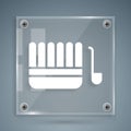 White Sauna bucket and ladle icon isolated on grey background. Square glass panels. Vector Illustration