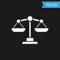 White Scales of justice icon isolated on black background. Court of law symbol. Balance scale sign. Vector.