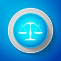 White Scales of justice icon isolated on blue background. Court of law symbol. Balance scale sign. Circle blue button