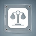 White Scales of justice icon isolated on grey background. Court of law symbol. Balance scale sign. Square glass panels