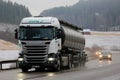 White Scania R440 Semi Tanker in Winter Fog Royalty Free Stock Photo