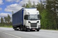 White Scania Truck Semi Trailer on Road Royalty Free Stock Photo