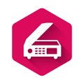 White Scanner icon isolated with long shadow. Scan document, paper copy, print office scanner. Pink hexagon button