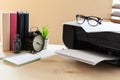 White scanner or printer machine on a table close up Royalty Free Stock Photo