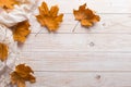 White scarf and dry yellow leaves on a wooden table. Autumn background, copy space Royalty Free Stock Photo