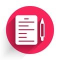 White Scenario icon isolated with long shadow. Script reading concept for art project, films, theaters. Red circle