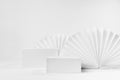 White scene mockup with set of two rectangle box podiums for presentation, show, display of product, goods with light asian ribbed