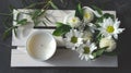 White scented candle and delicate flowers