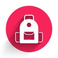 White School backpack icon isolated with long shadow. Red circle button. Vector Royalty Free Stock Photo