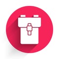 White School backpack icon isolated with long shadow. Red circle button. Vector Royalty Free Stock Photo