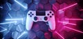 White Sci Fi Futuristic Joystick Laser Neon Beams Lights Glowing Purple Blue Vibrant Gaming Adventure On Hexagon Tiled Concrete