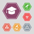 White science vector icons - molecule, hat, microscope