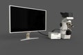 White professional microscope, cpu box and empty display isolated, photorealistic medical 3d illustration with fictive design,