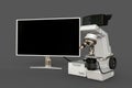 White scientific microscope, control block and blank display isolated, realistic medical 3d illustration with fictional design,