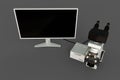 White scientific microscope, system block and empty monitor isolated, realistic medical 3d illustration with fictional design,