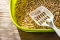 White scoop on a wooden pellets in a green cat litter box. Plastic cat toilet tray on a brown wooden floor. Toilet for domestic