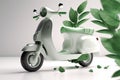 White scooter and green leafs - sustainable and eco friendly or green transportration concept. Generative AI Royalty Free Stock Photo