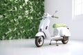 White scooter and green leafs - sustainable and eco friendly or green transportration concept. Generative AI Royalty Free Stock Photo