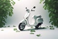 White scooter and green leafs - sustainable and eco friendly or green transportration concept. Generative AI Royalty Free Stock Photo