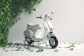 White scooter and green leafs - sustainable and eco friendly or green transportration concept. Generative AI Royalty Free Stock Photo