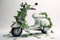 White scooter and green leafs - sustainable and eco friendly or green transportration concept. Generative AI Royalty Free Stock Photo