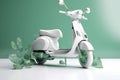 White scooter and green leafs - sustainable and eco friendly or green transportration concept. Generative AI Royalty Free Stock Photo