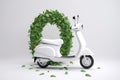 White scooter and green leafs - sustainable and eco friendly or green transportration concept. Generative AI Royalty Free Stock Photo