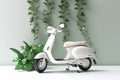 White scooter and green leafs - sustainable and eco friendly or green transportration concept. Generative AI Royalty Free Stock Photo