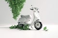 White scooter and green leafs - sustainable and eco friendly or green transportration concept. Generative AI Royalty Free Stock Photo