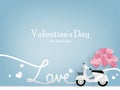 White scooter with heart shape balloons on blue sky with Love text and your copy space.