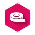 White Scotch tape icon isolated with long shadow background. Insulating tape. Pink hexagon button. Vector