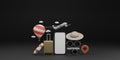 White screen mobile mockup with airplane, balloon, swimming rubber ring, luggage, sunglasses, hat and camera over black background