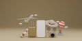 White screen mobile mockup with airplane, balloon, swimming rubber ring, luggage, sunglasses, hat and camera over brown background Royalty Free Stock Photo