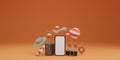 White screen mobile mockup with airplane, balloon, swimming rubber ring, luggage, sunglasses, hat and camera over orange